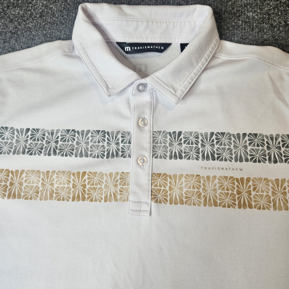 Travis Mathew Men's Perfect Memory Polo Shirt Size Medium White Earthtone Stripe